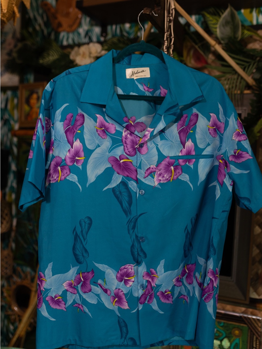 Helena Teal Short-Sleeve Camp Shirt with Purple Floral Print